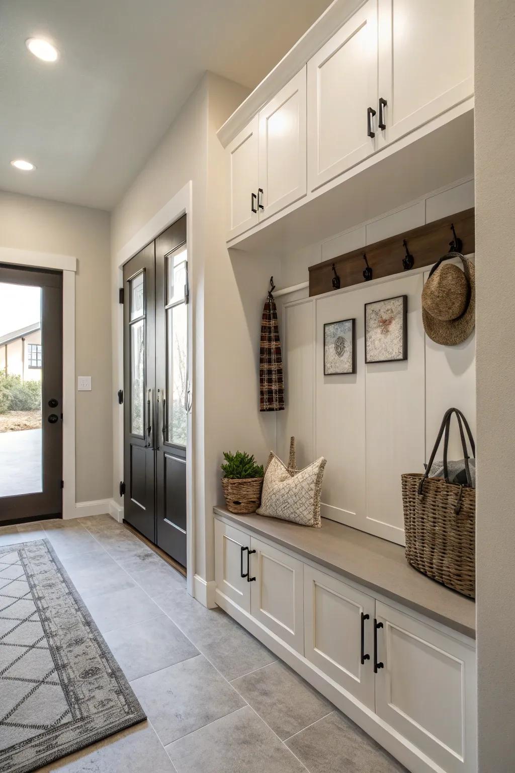 Wall-fixed cupboards keep your entryway streamlined and clutter-free.