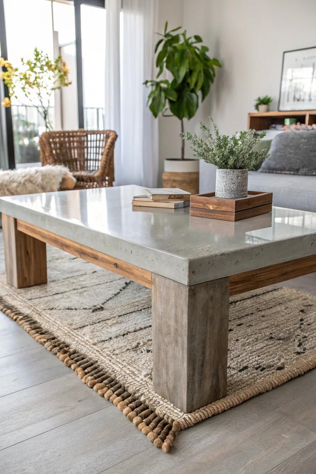 Discover the elegance of mechanical synthesis through this epoxy and cement coffee table masterpiece.