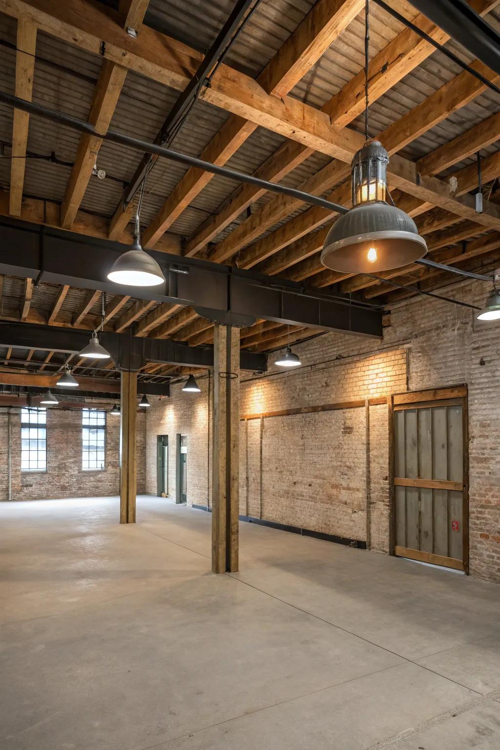 Factory-inspired allure merges with metallic components and timber beams.