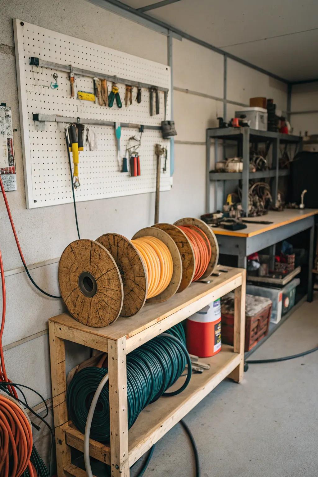 Repurpose old spools for practical and charming cord storage.
