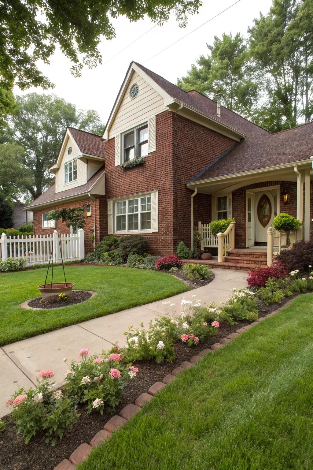 Creamy beige adds warmth to deep crimson brick.