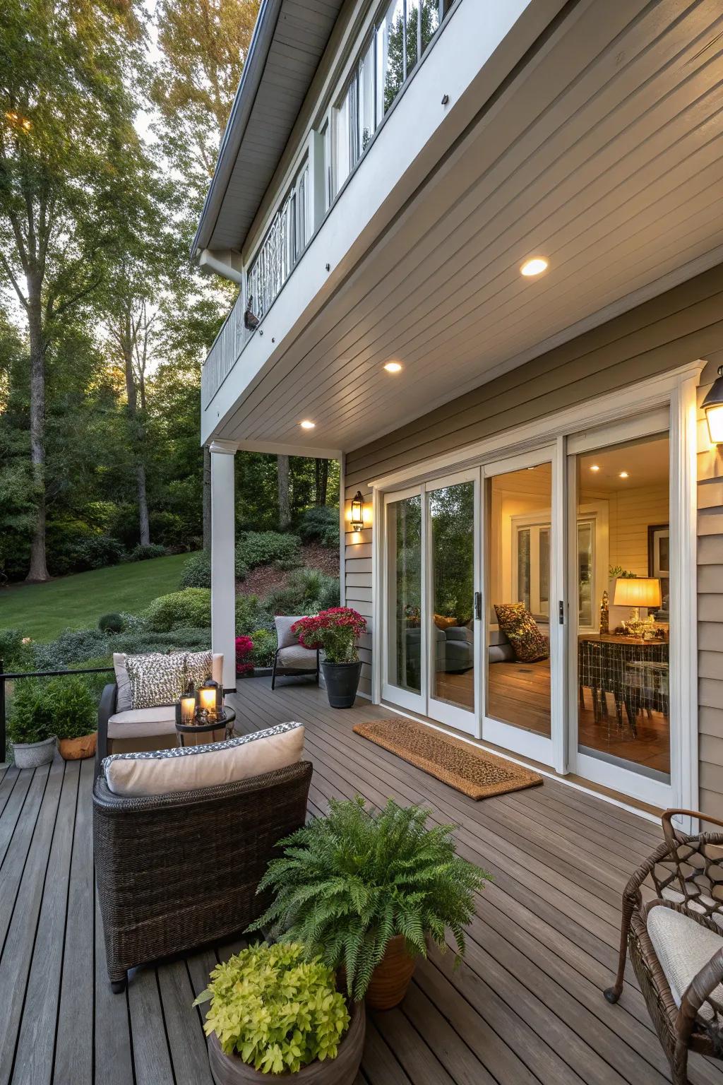 A comfortable sheltered veranda linked to a walkout basement.