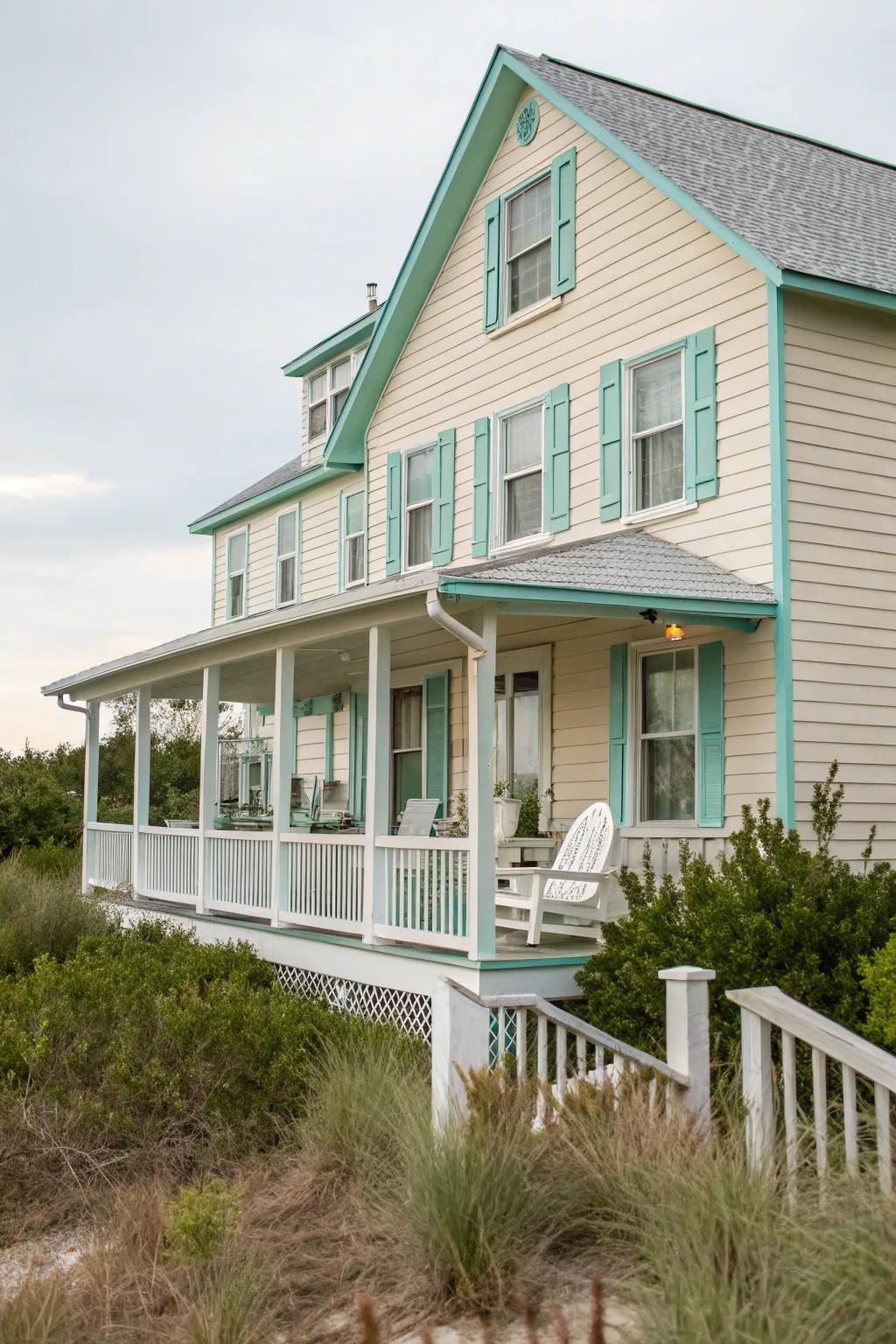 Pastel frames impart a calming coastal ambiance to your exterior.
