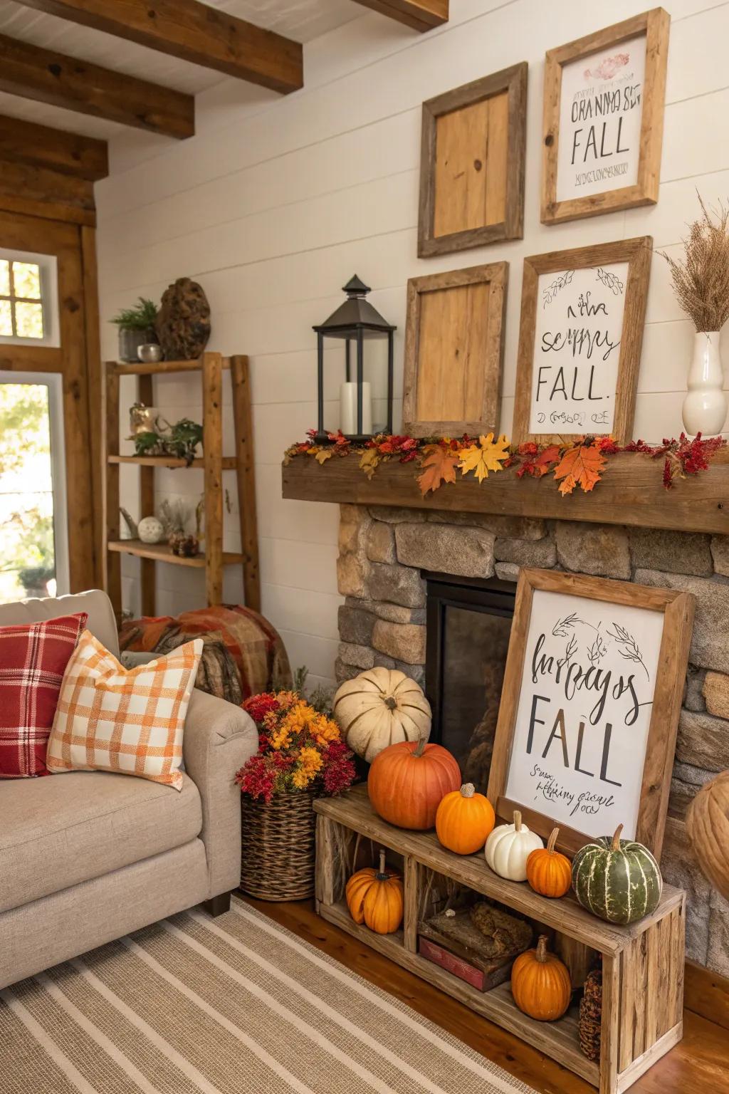 Wood accents establish a grounded vibe in fall decorations.