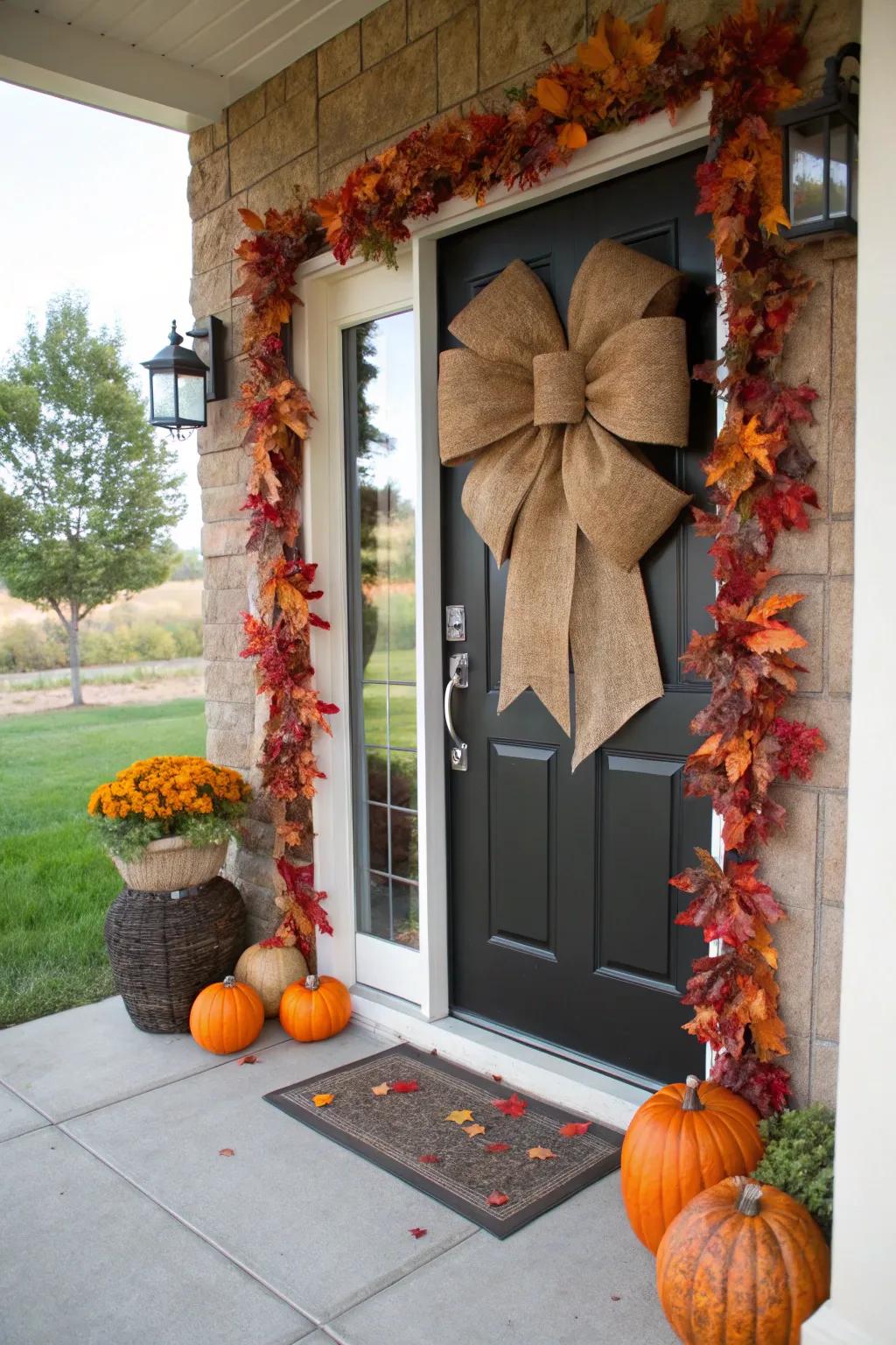 Sacking ribbons introduce a countryside touch to a fall-decorated entrance.