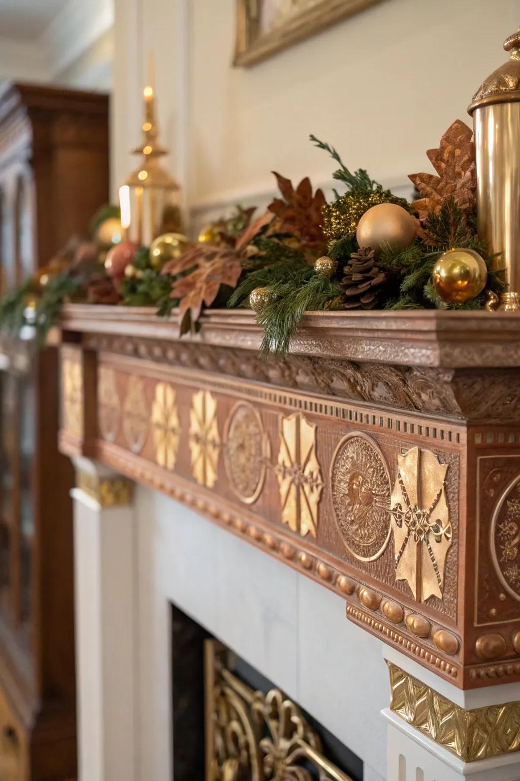 A fall mantel showcasing elegant bronze and gilded accents.