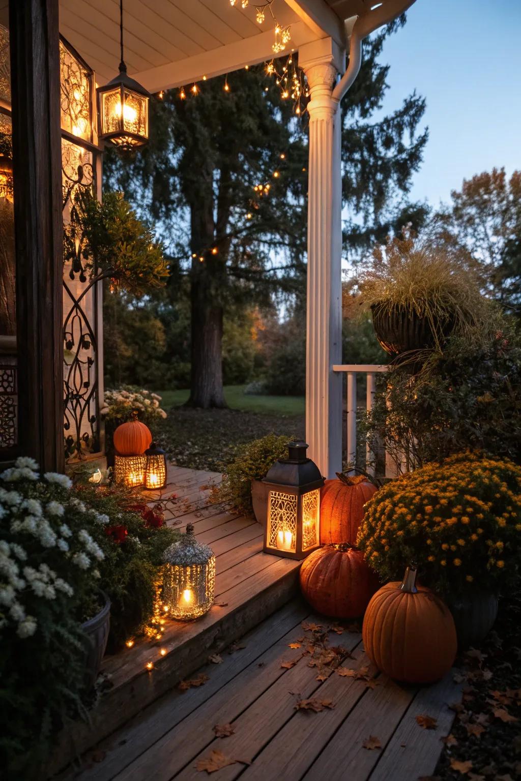 Lanterns and lights transform the porch into a magical evening retreat.