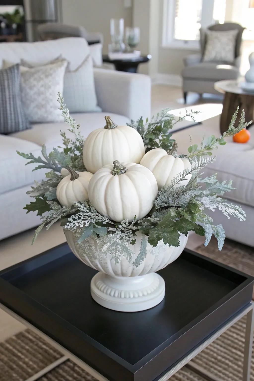 Sophisticated pale gourds within an uncluttered autumnal pot.