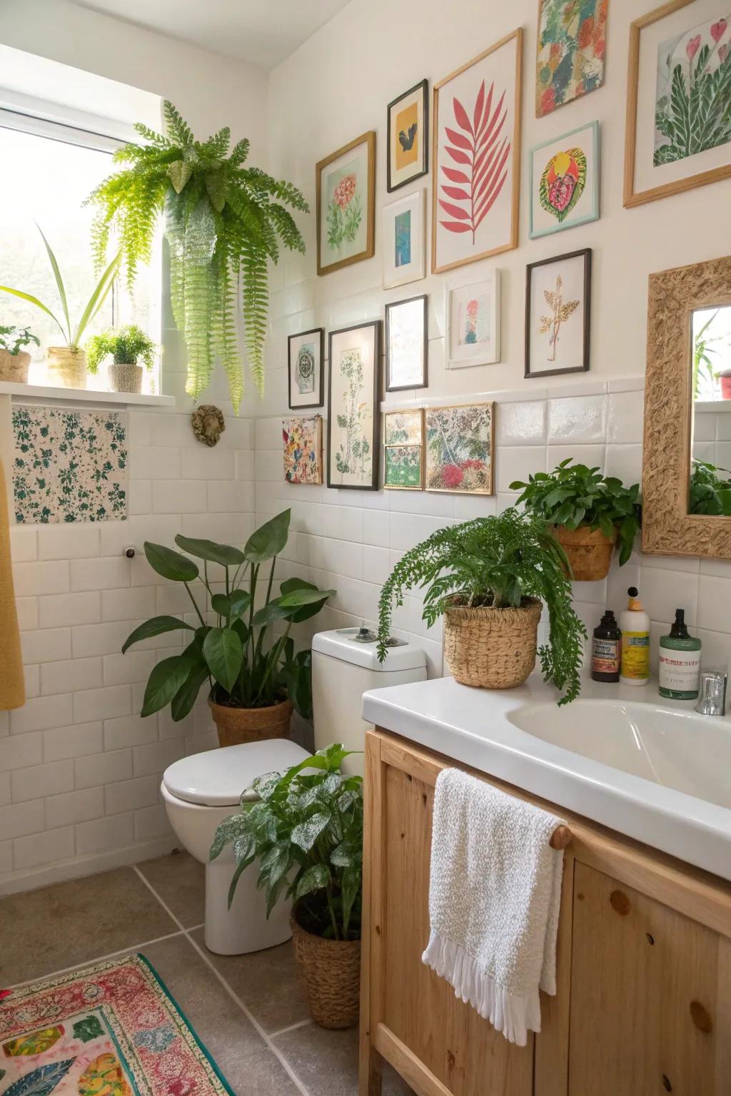 A hint of greenery and art enlivens the bathroom.