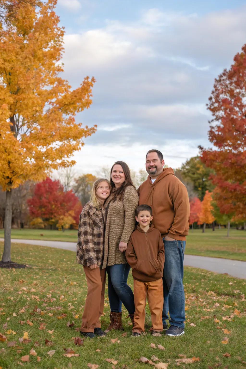 Coordinated outfits can amplify the balance and charm of fall family photographs.