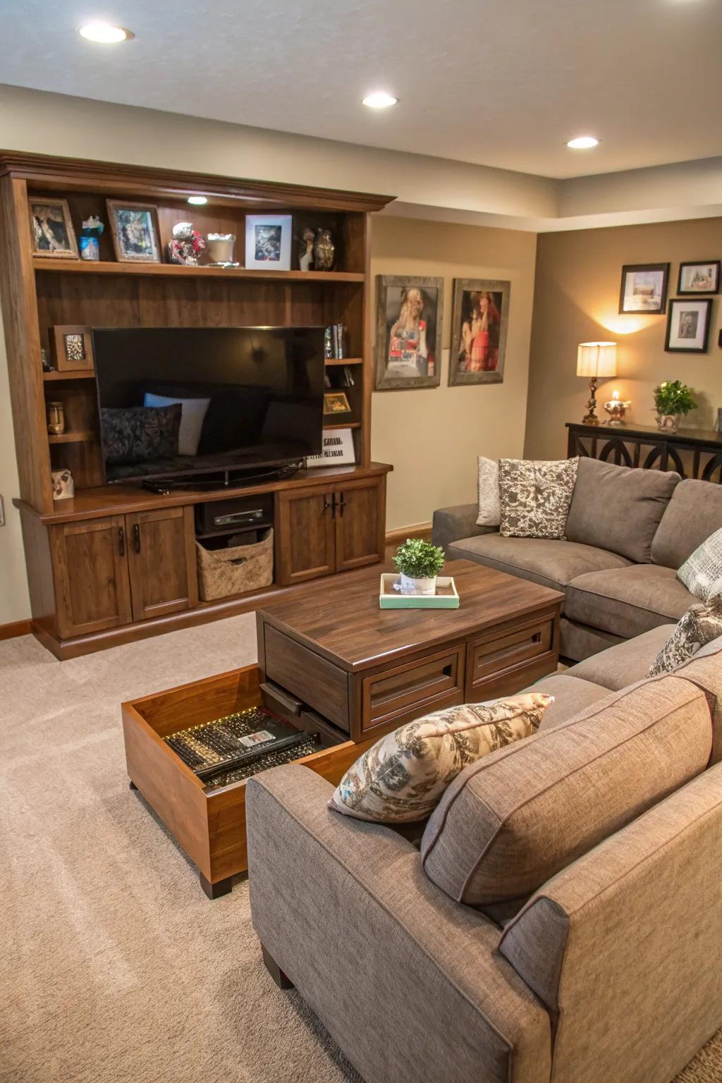 Multi-functional furniture adds practicality and style to the family room.