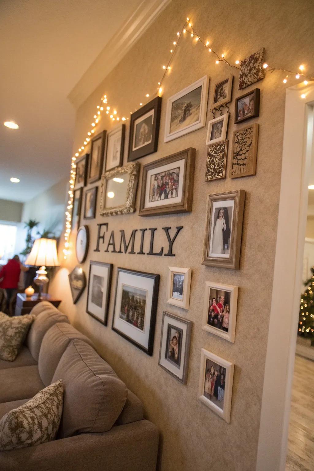 A customized family wall showcasing ornamental symbols and portrait frames.