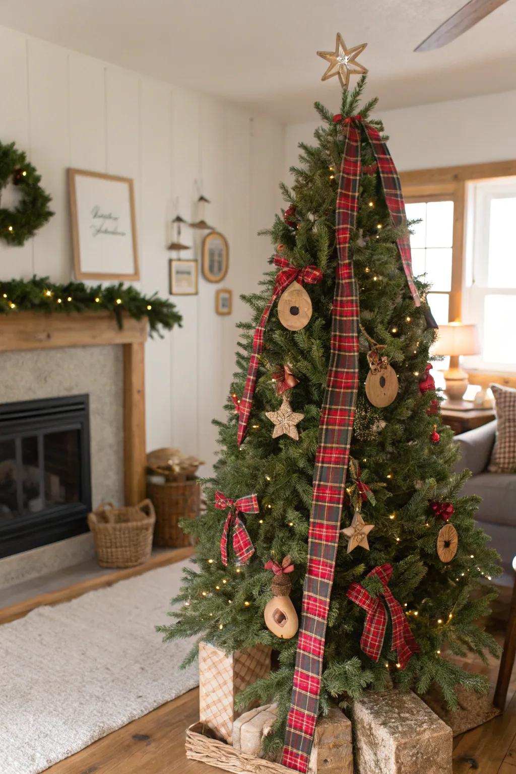 Check patterns add a quintessential rustic touch to this farmhouse Christmas tree.
