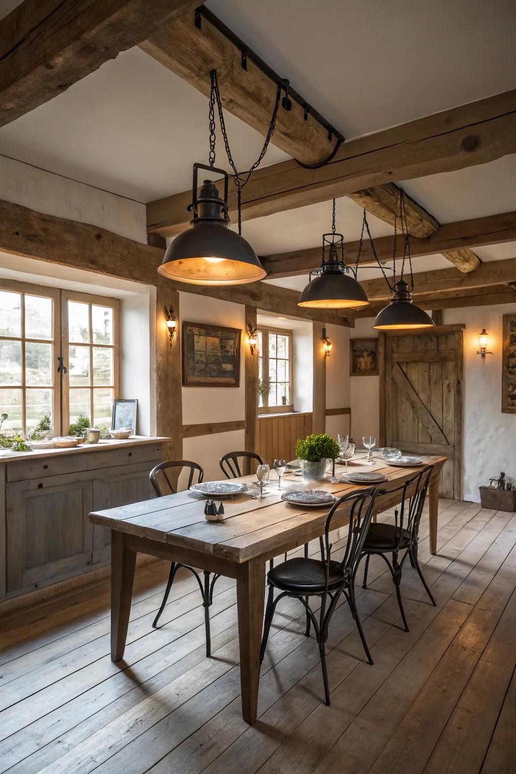 Countryside pendant lights brighten and define this farmhouse dining room.