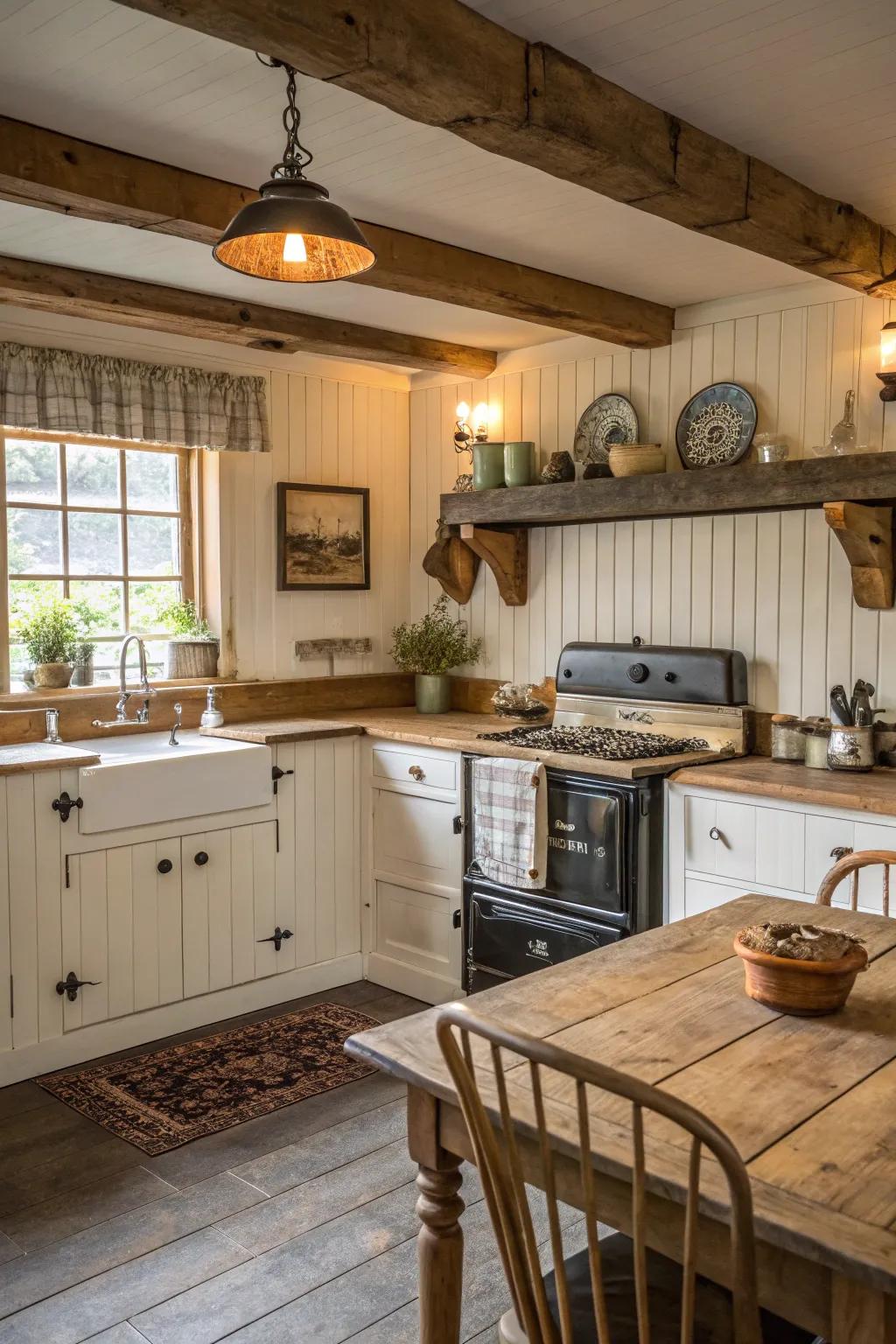 A farmhouse kitchen featuring a charming grooved wall covering backsplash.