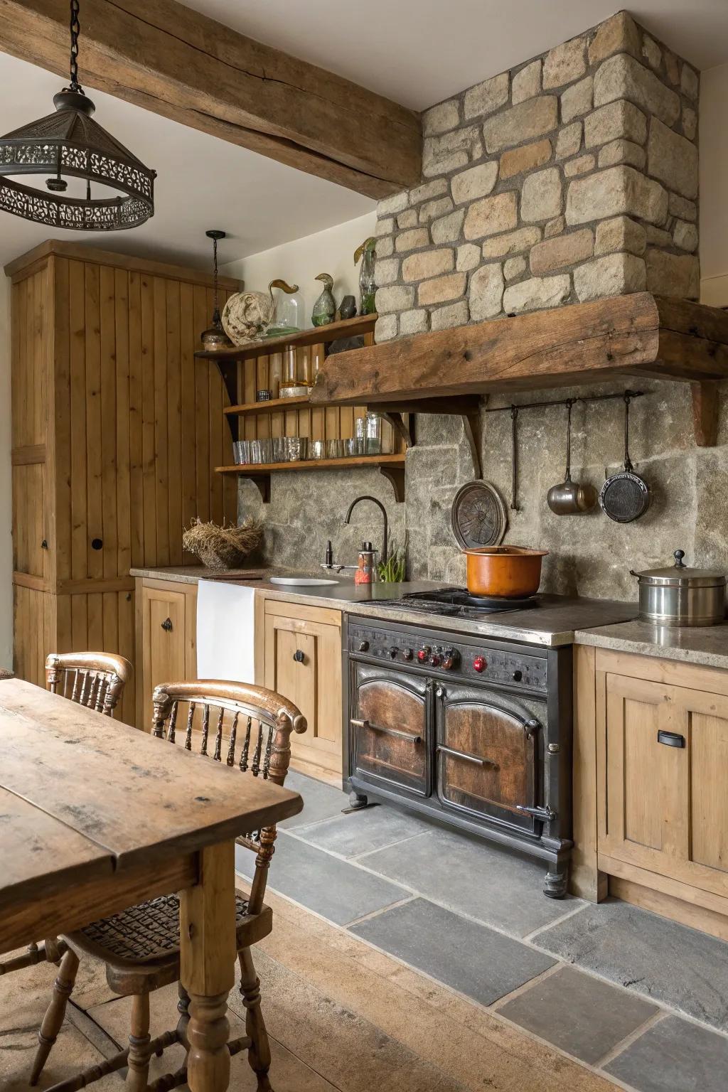 A farmhouse kitchen featuring a combination of wood, stone, and metal components.
