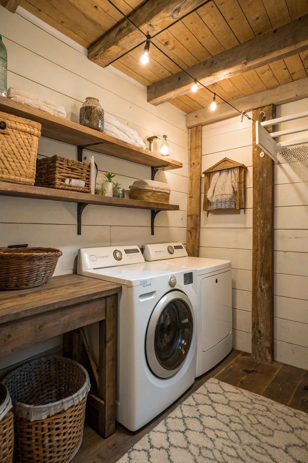 Textured walls such as shiplap carry warmth and essence to this laundry space.