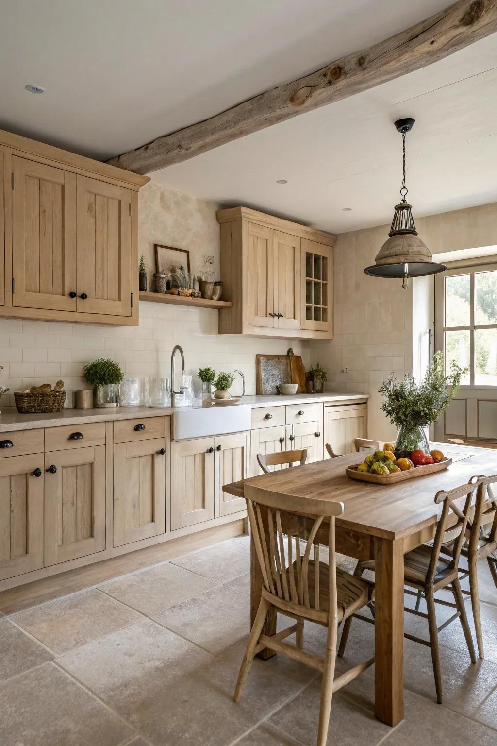 Neutral shades enhance the warmth created by pale wood cabinets in a farmhouse kitchen.