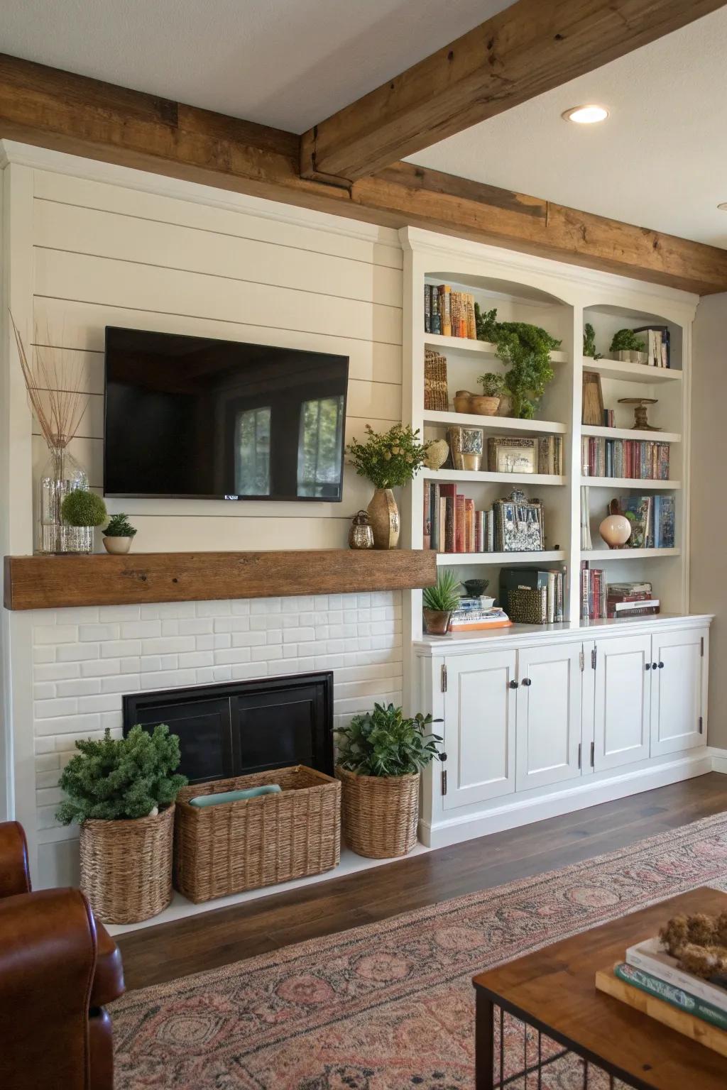 A farmhouse sitting room featuring a TV atop the mantel, enhanced by integrated racks.
