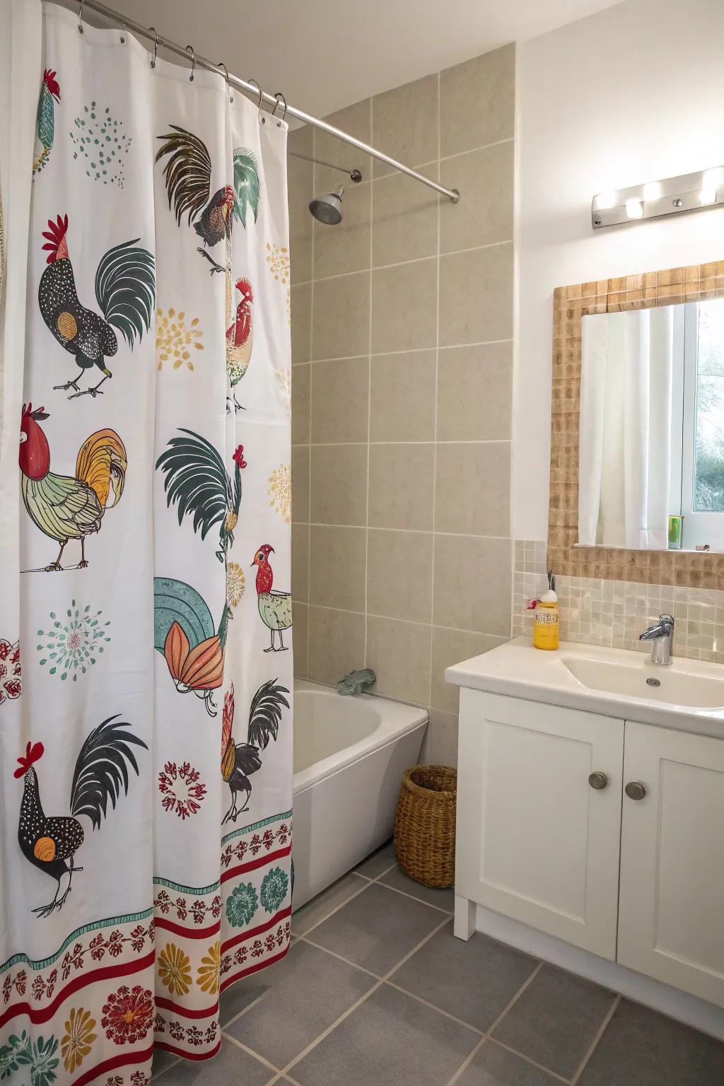 A bathroom with a shower covering featuring delightful creature images like roosters.