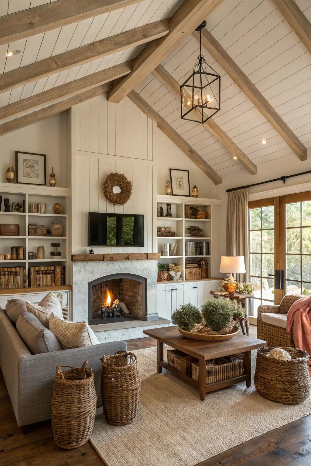 Fixed-in shelving flanking a hearth in a countryside-inspired living area.