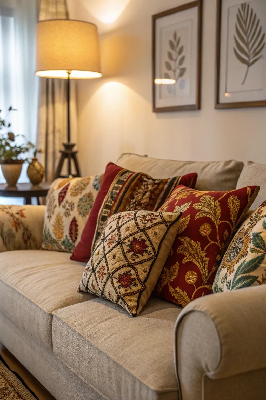 A snug couch adorned with a medley of decorative cushions.