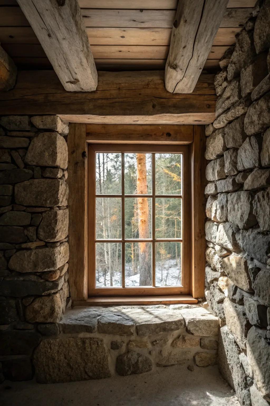 Wood and stone surfaces add depth and warmth surrounding windows.