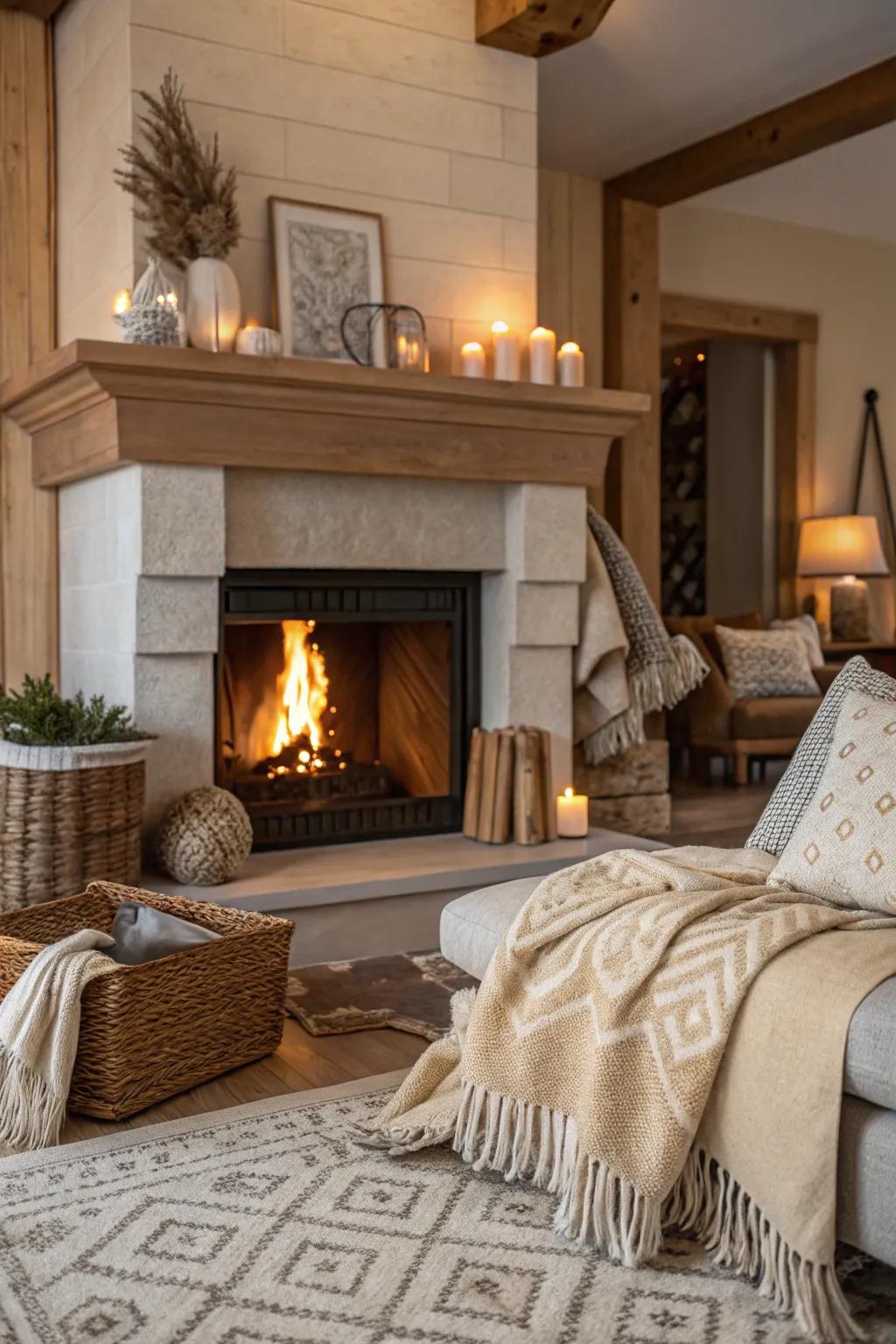 Soft decoration makes a cozy and welcoming fireplace setting.