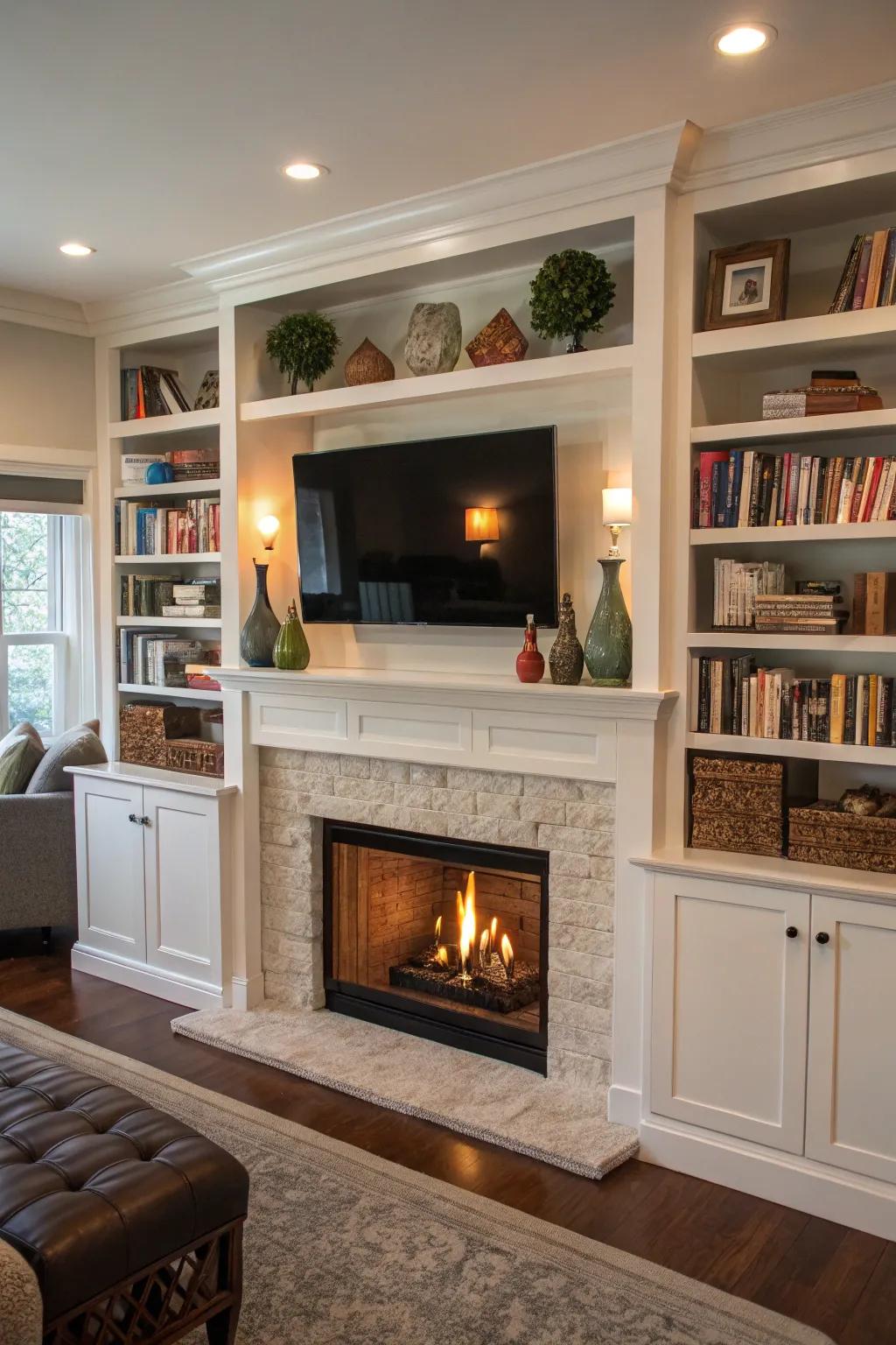 Assembled shelving contributing practicality and flair to the mantel vicinity.