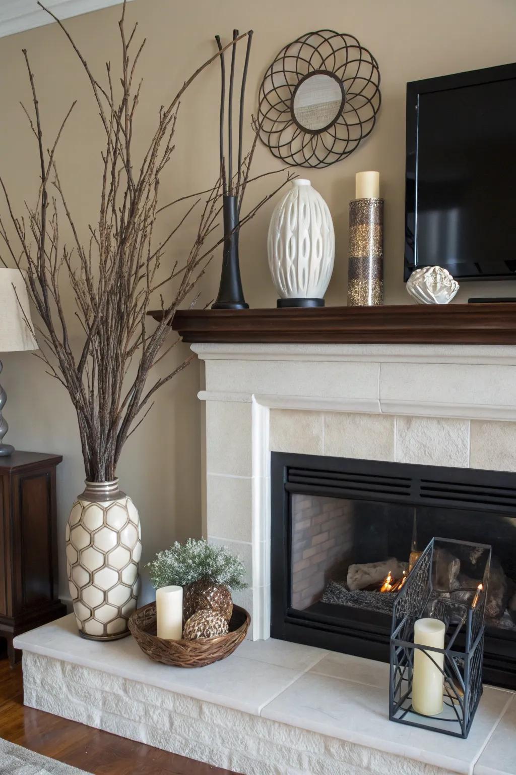 Asymmetry brings a modern, dynamic touch to your fireplace decor.