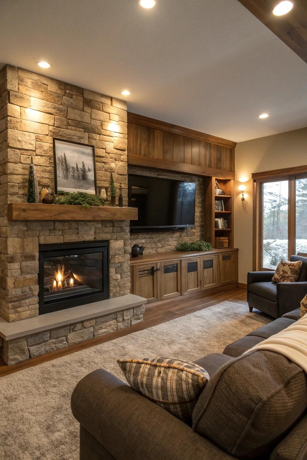 Defy convention with an asymmetrical TV design with a fireplace that's guaranteed to impress. #AsymmetricalDesign #UniqueSpaces 🔄