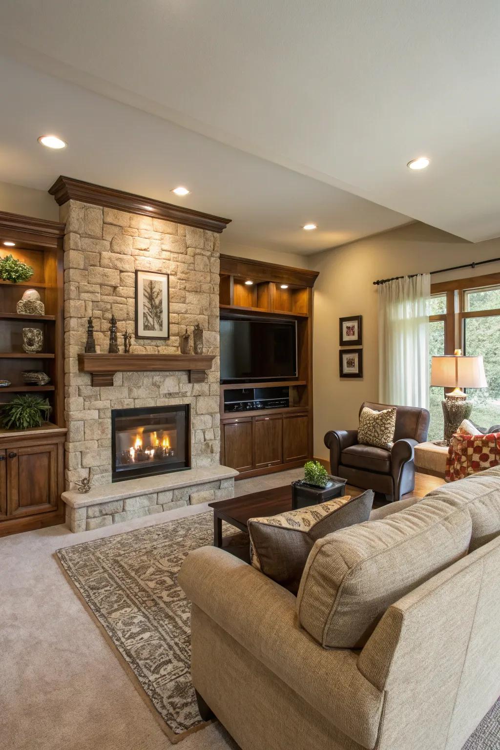 A spacious and cozy living space featuring a fireplace wall and TV.