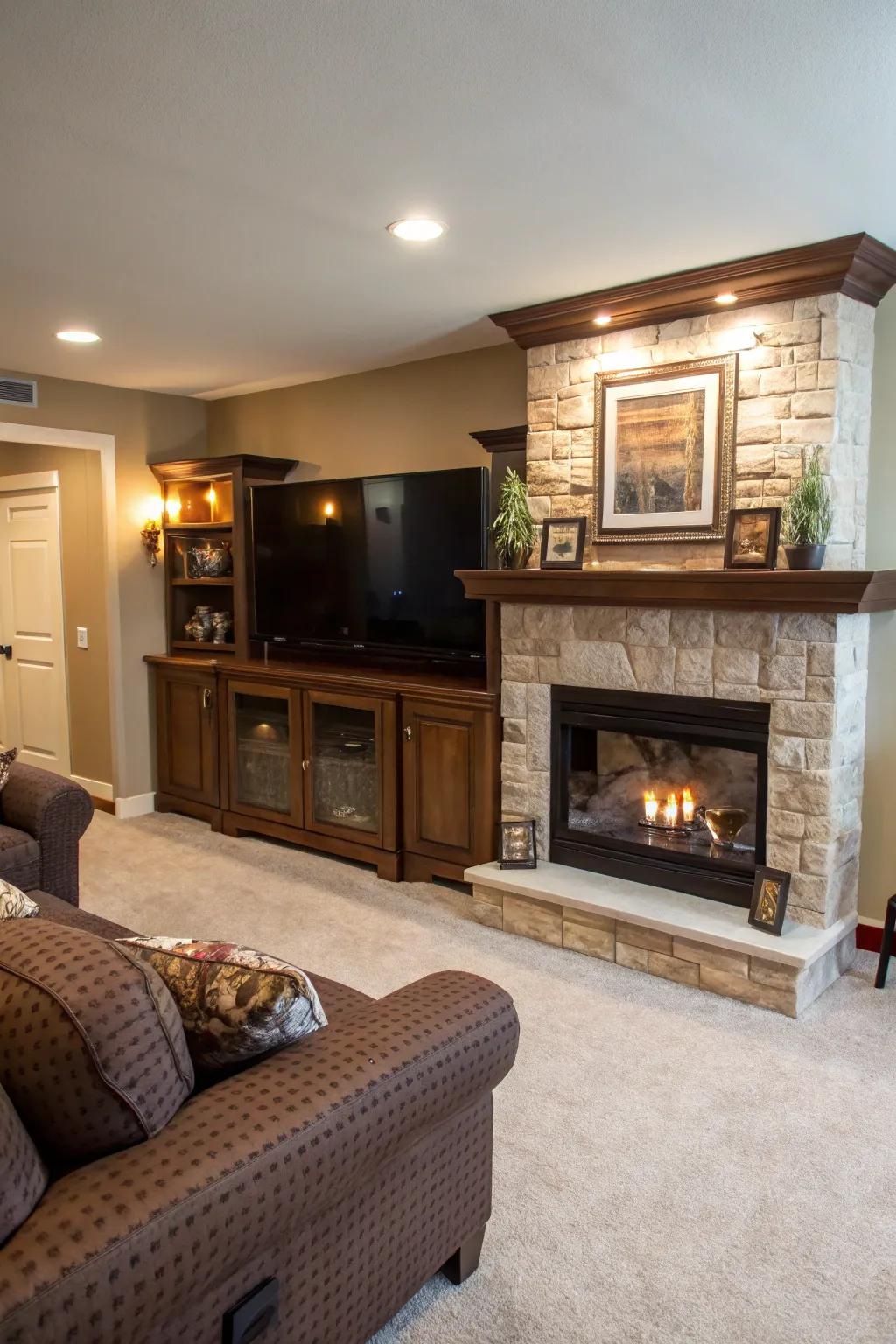 A seamless media hub showcasing the television positioned above the fireplace.