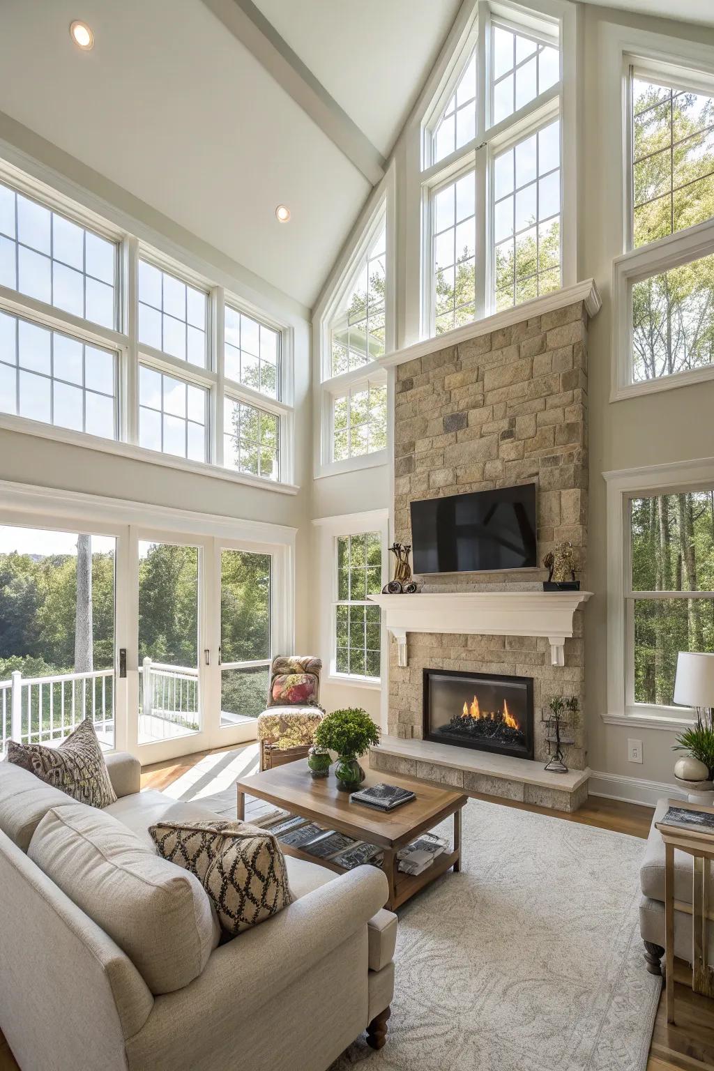 An expansive living space with an open configuration and a fireplace and TV.