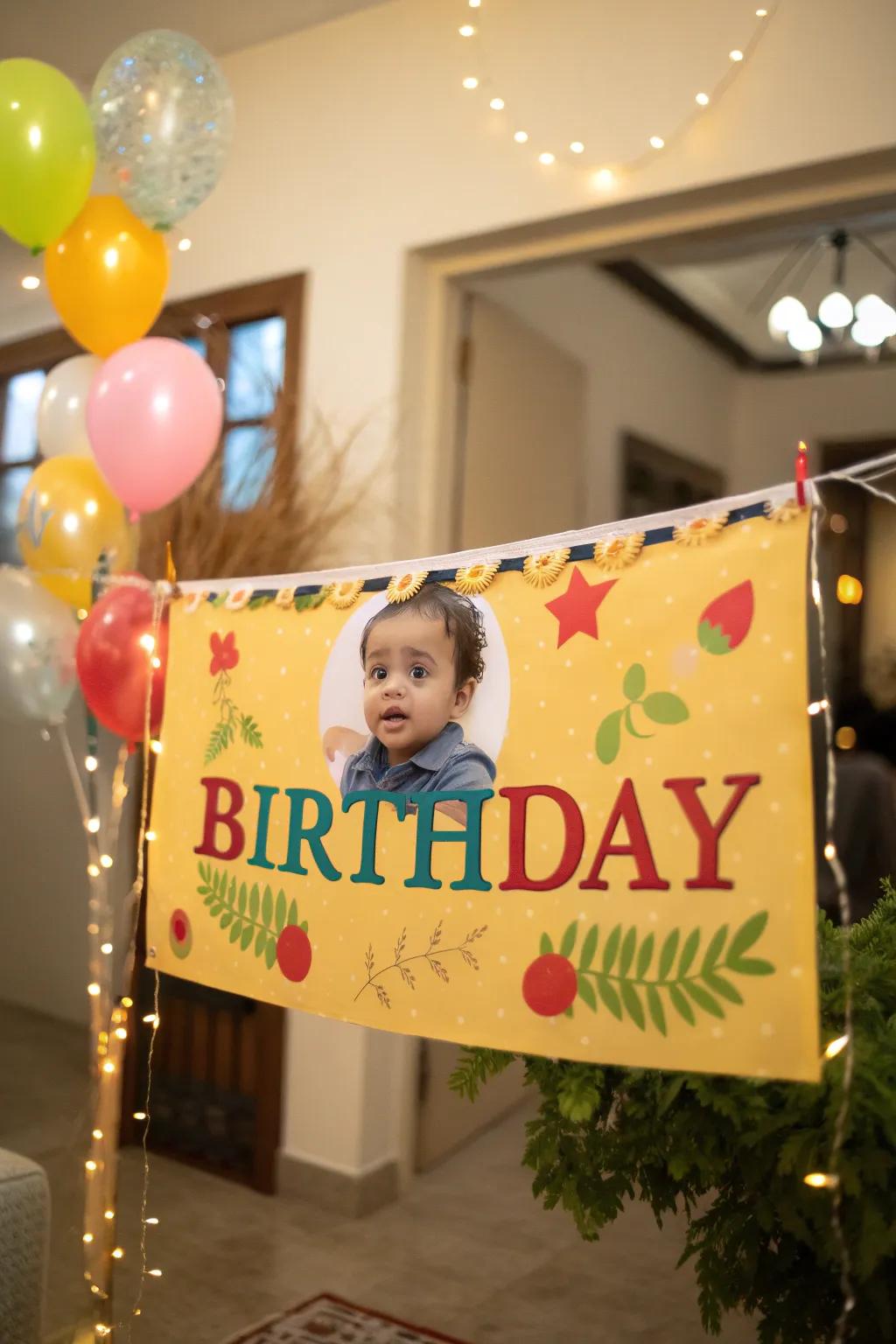 An individualized standard imparting an exclusive nuance to the inaugural birthday gathering.