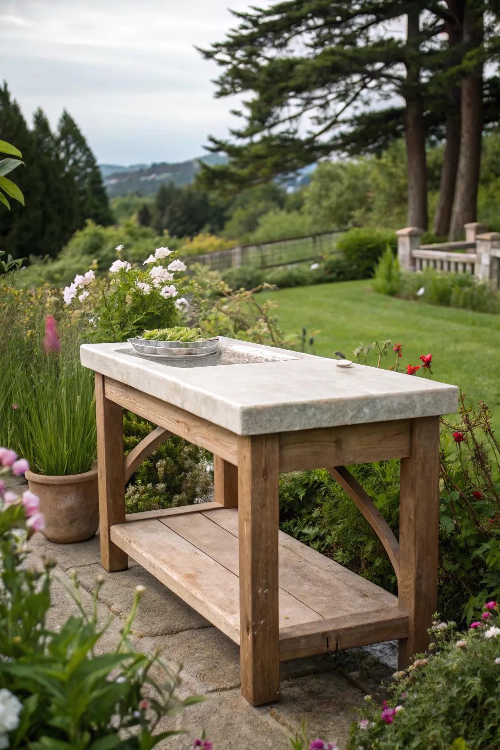 A special stone top makes for a beautiful and useful workspace.
