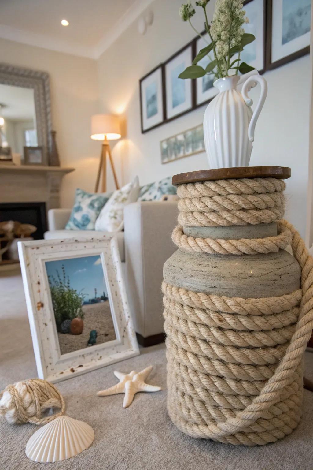 Nautical rope conveys a subtle maritime atmosphere to decor.