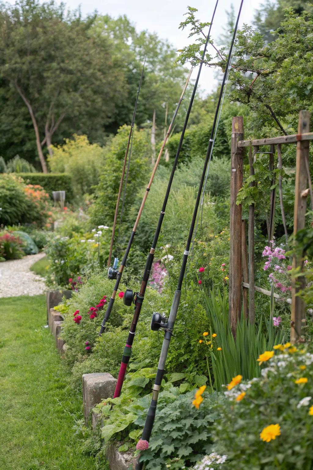 Angling tools inject character and reinforcement within garden settings.
