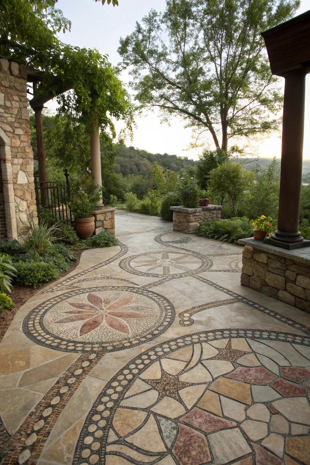 A flagstone patio featuring a captivating stone pattern.
