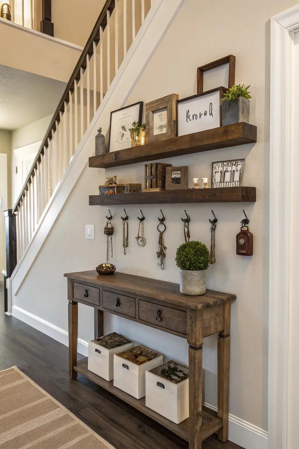 Entryway arrangement employing display racks for essentials.