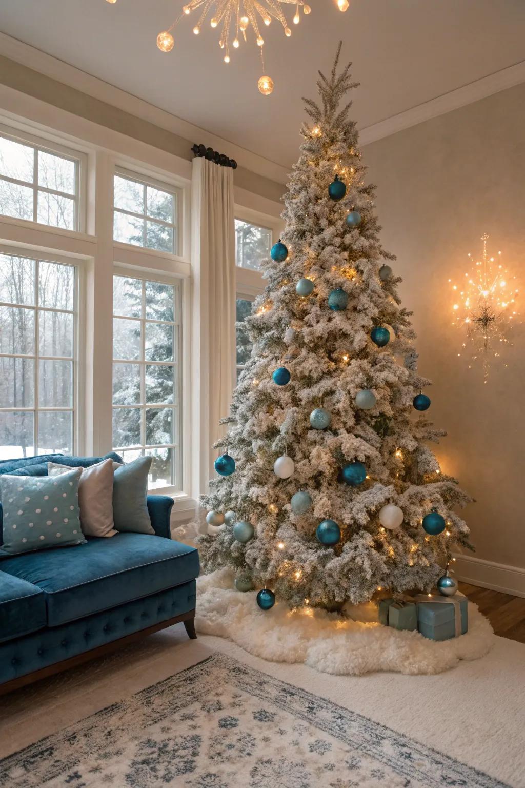 An azure and silver-themed flocked Christmas tree.
