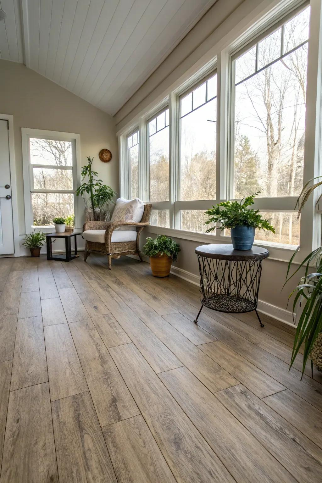 A stylish sunroom featuring timber-look laminate flooring.