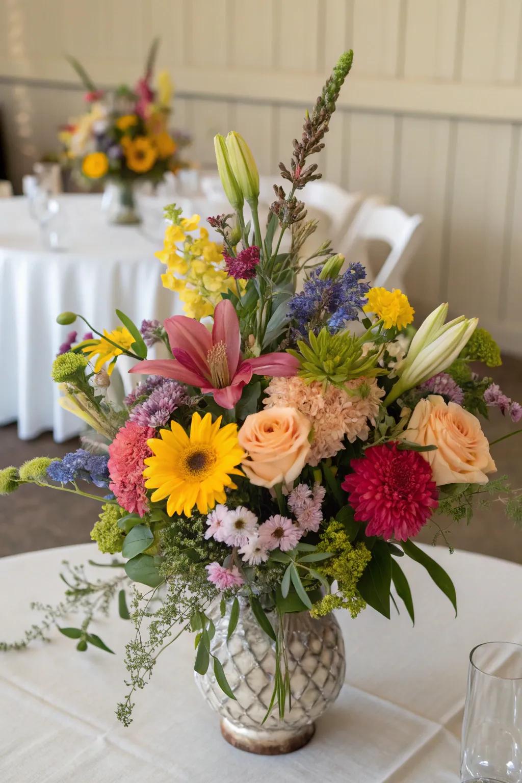 A diverse floral centerpiece with mixed flower types on a table.