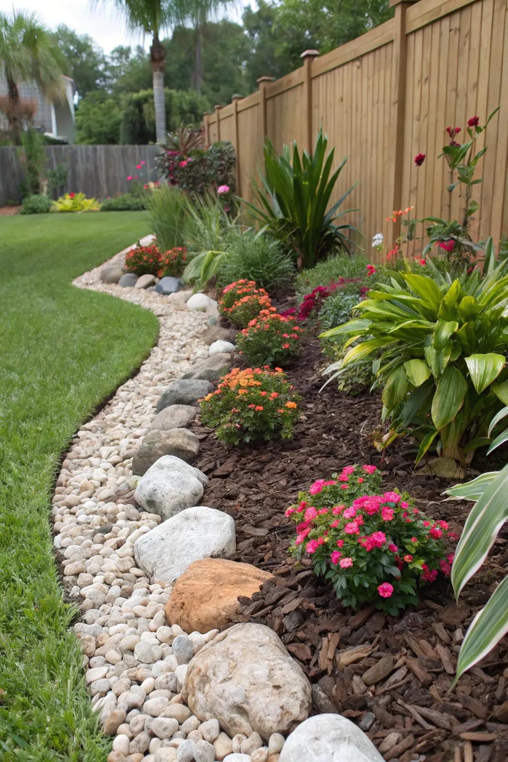 Mulch and boulders improve character and assist with humidity preservation.