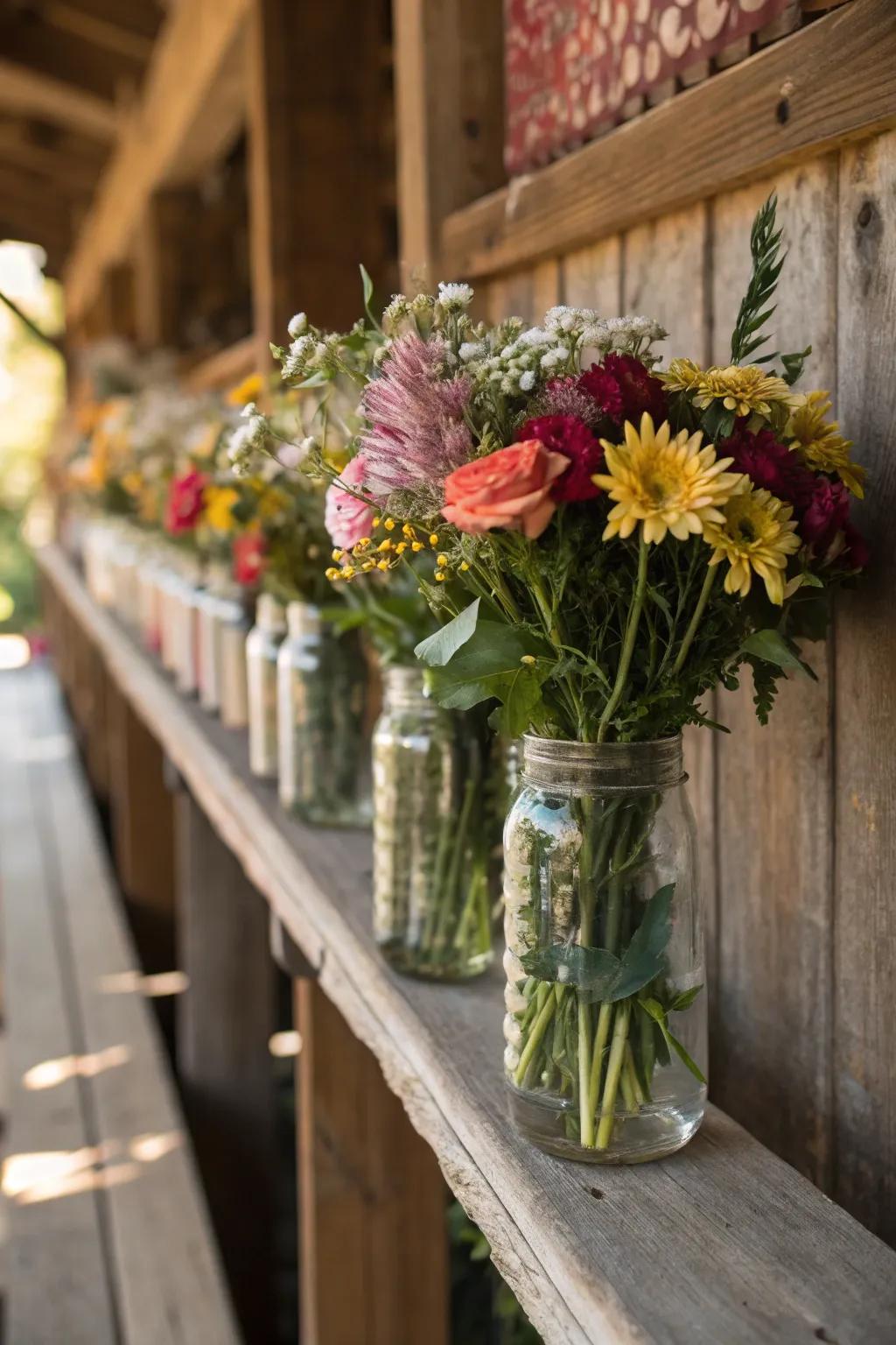 Attractive mason jar displays filled with mixed blossoms.