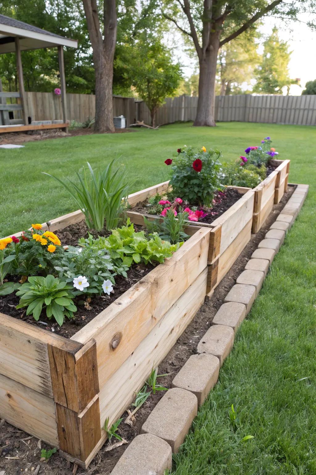 Repurposed wood skids establish charming and eco-friendly flower bed borders.