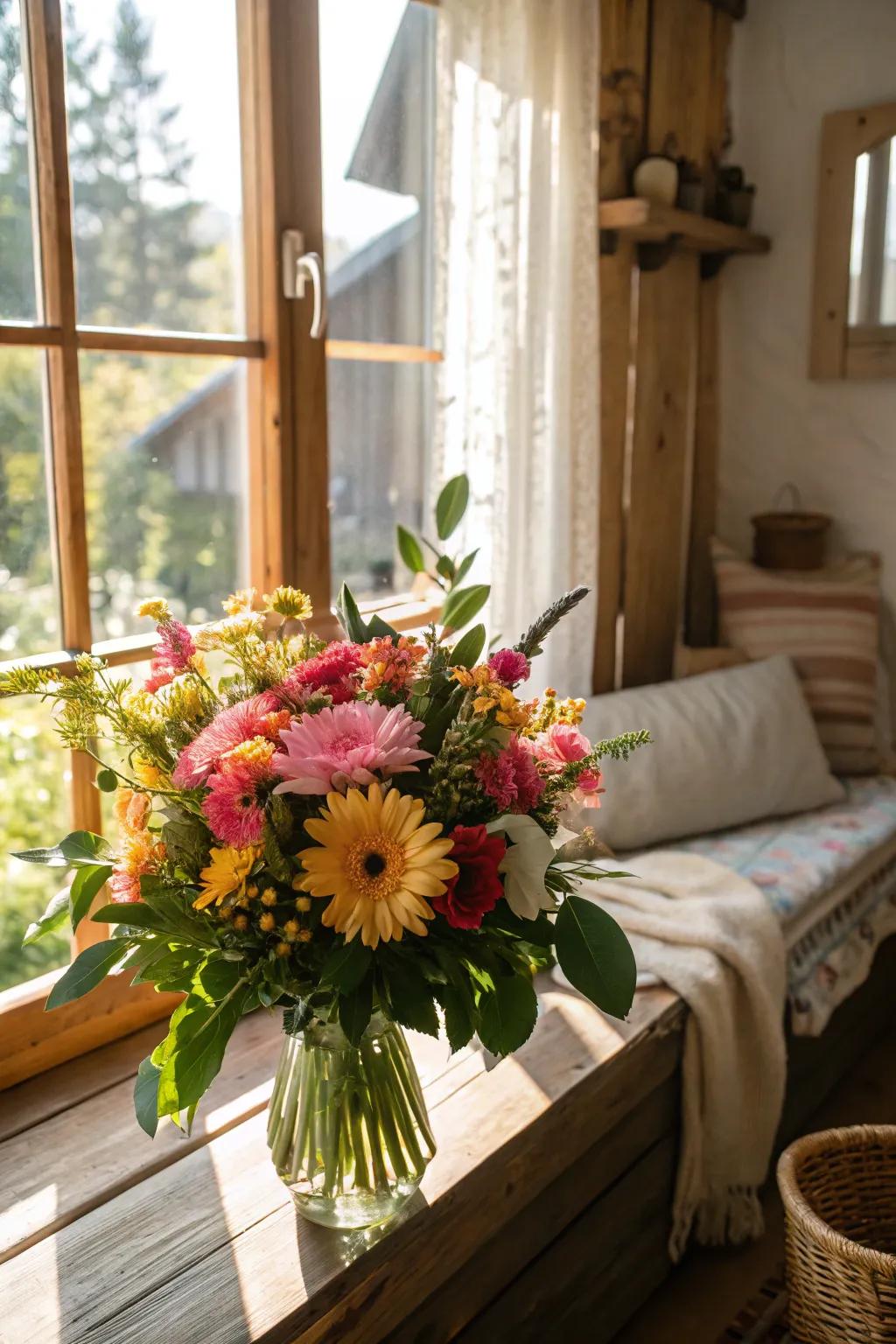 A sun-drenched window enhances the allure of vibrant blossoms.