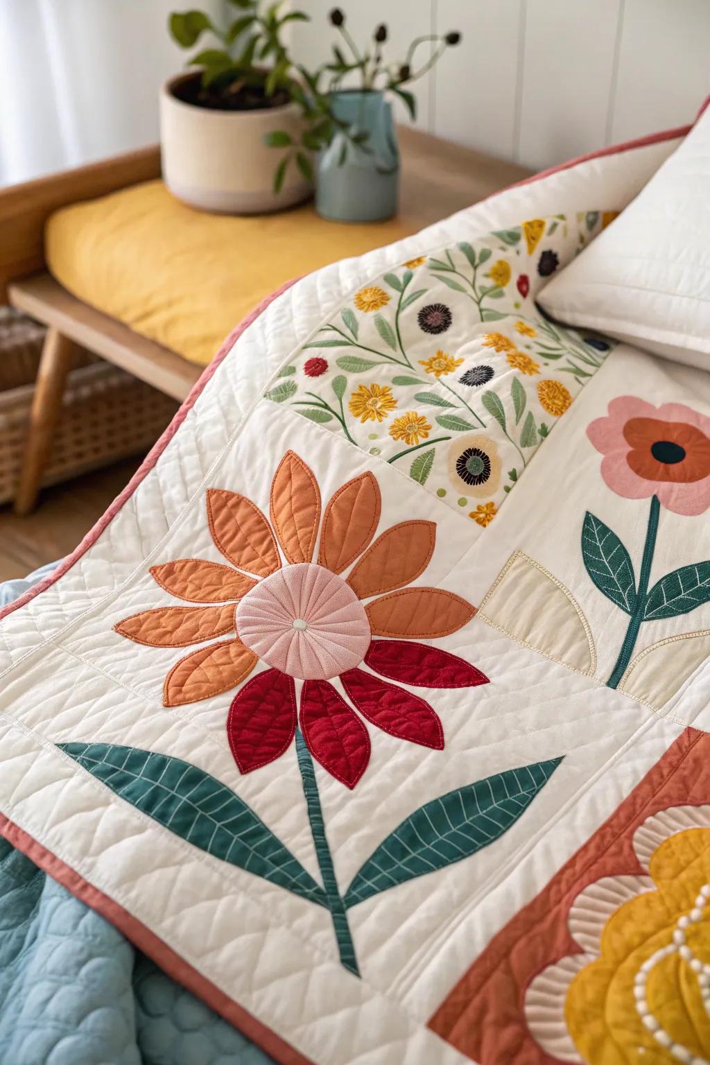 Embrace the elegance of current floral quilt segments, where bold colors meet minimalist design.