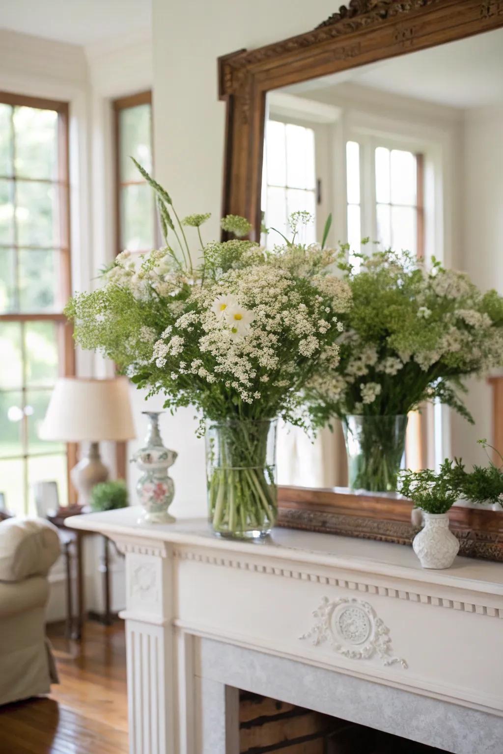 An assortment of ivory wildflowers fashioning an organic aesthetic upon a mantelpiece.