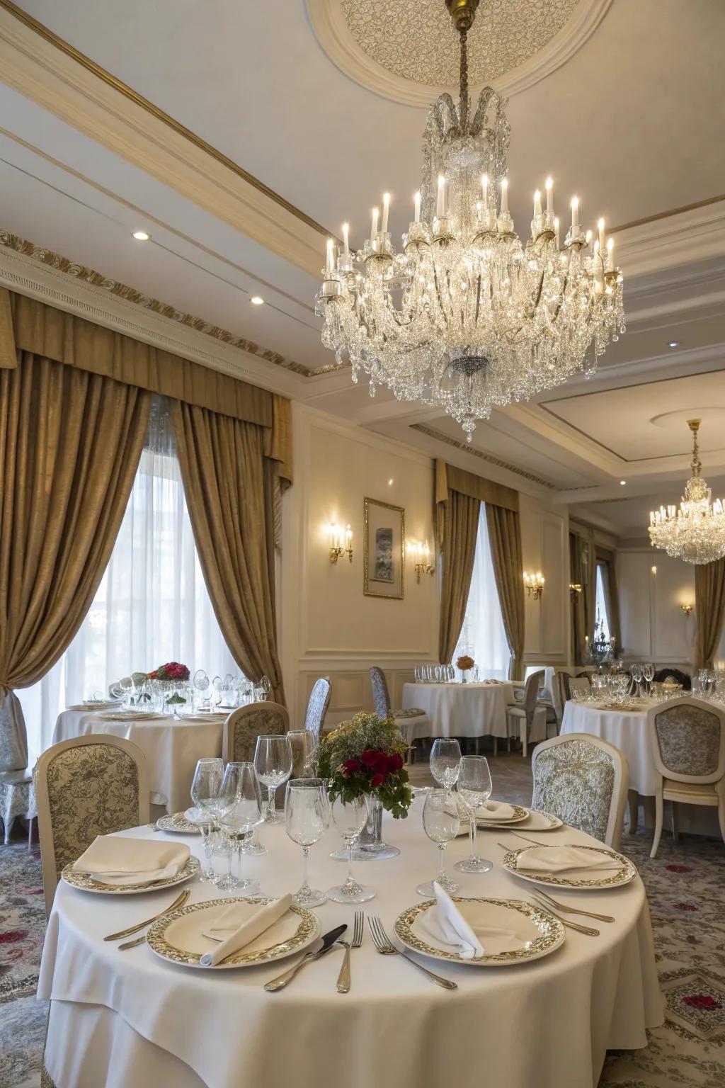 A stunning chandelier complements the elegant curtains in this dining room.